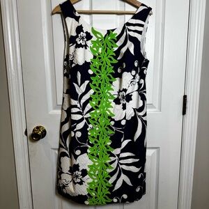 Lilly Pulitzer Delia Shift Dress Johnny B Navy Green Embroidered Palm Size 14